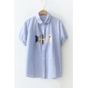 Fish Bone Embroidery Short Sleeve Button-Down Casual Loose Shirt