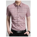 Summer Men's Fashion Plaid Printed Fitted Short Sleeve Cotton Button-Down Business Shirt