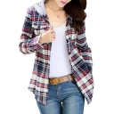 Women Classic Long Sleeves Cotton Hoodie Button-up Plaid Shirts