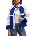 Color Block Stand Collar Letter Embroidered Long Sleeve Zip Up Cropped Jacket