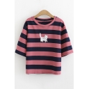Summer Cute Cartoon Cat Round Neck Classic Striped Cotton Loose T-Shirt