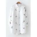Stylish Allover Cat Printed Long Sleeve Relaxed Button Down Longline White Shirt