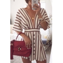 Women's Summer Sexy Plunge V Neck Button Front Classic Striped Printed Mini A-Line White Dress
