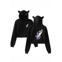 Marshmello Funny Hobby Horse Printed Cute Cat Ear Design Long Sleeve Casual Crop Hoodie