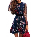 Womens New Fashion Floral Embroidery Round Neck Long Sleeve Sheer Mesh-Panelled Mini A-Line Dress