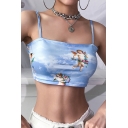 Summer Hot Popular Angel Baby Printed Girls Cropped Blue Cami Top