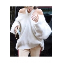 Chic Halter Neck Cold Shoulders Long Balloon Sleeves Loose Plain Sweater