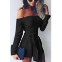Women's Sexy Off the Shoulder Long Sleeve Tied Waist Solid Slim Rompers