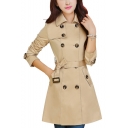 Double Breasted Lapel Collar Long Sleeve Tie Waist Plain Tunic Trench Coat