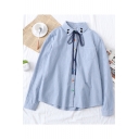 Fashion Bow-Tied Cat Embroidered Collar Long Sleeve Casual Loose Button Down Striped Shirt