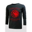 Game of Thrones Fire&Blood Dragon Logo Print Round Neck Long Sleeve Fitted T-Shirt
