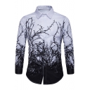 New Creative Tree Pattern Long Sleeve Slim Fit Button Down White Shirt for Men
