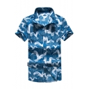 Summer Holiday Fashion Crane Printed Short Sleeve Casual Navy Hawaiian Shirt