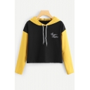 Simple Letter Chest Stylish Colorblock Long Sleeve Casual Cropped Black Hoodie