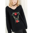 Casual Cutout V-Neck Embroidery Floral Long Sleeve Pullover Sweater