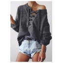 New Stylish Lace-Up Front Round Neck Long Sleeve Simple Plain Pullover Sweater