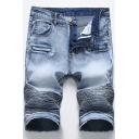Men's New Stylish Cool Zipper Pleated Crumple Detail Vintage Style Slim Fit Denim Shorts (Pictures for Reference)
