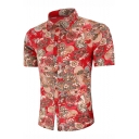 Fashion Floral Printed Men's Summer Short Sleeve Button-Up Slim Fit Red Shirt