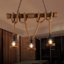 Industrial Multi Light Pendant Light Lantern Style with Rope Cage Frame, Wood Decoration