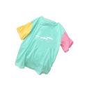 Cute Raining Print Fashion Colorblocked Short Sleeve Green T-Shirt
