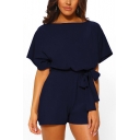 Trendy Basic Simple Plain Round Neck Short Sleeved Tied Waist Casual Loose Rompers