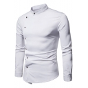 New Stylish Men's Solid Color Stand-Collar Irregular Side Button Down Fitted Long Sleeve Shirt