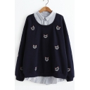 Cute Allover Cartoon Cat Embroidered Patched Lapel Collar Long Sleeve Womens Fake Two-Piece Sweatshirt