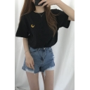 Chic Simple Moon Embroidered Round Neck Short Sleeve Loose Fit T-Shirt