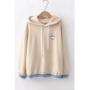 Simple Letter Baseball Embroidered Stripe Hem Long Sleeve Relaxed Fit Khaki Hoodie