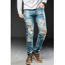 Men's Cool Retro Light Blue Washed Slim Fit Wear Ripped Jeans