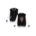Funny Portrait Printed Stand Collar Button Down Baseball Jacket