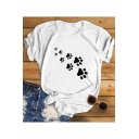 Cute Cat Footprint Short Sleeve Round Neck Casual Cotton T-Shirt