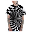 Stylish 3D Black and White Checkerboard Whirlpool Pattern Short Sleeve Casual T-Shirt