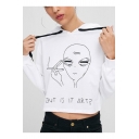 Cool Smoking Alien Letter BUT IS IT ART Print Long Sleeve White Cropped Hoodie