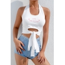 CUTE AND PSYCHO Letter Embroidery Halter Neck Tied Front Cropped White Tank Top