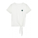 Simple Cactus Embroidered Round Neck Short Sleeve Tied Side Cotton White T-Shirt