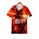 Hellboy New Trendy Cool 3D Figure Print Short Sleeve Button-Front Baseball Shirt