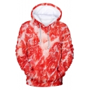 Funny 3D Pork Texture Printed Stylish Long Sleeve Red Drawstring Hoodie
