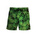 Popular 3D Green Bamboo Leaf Pattern Drawstring Waist Unisex Dry-Fit Relaxed Shorts