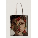 Floral Portrait Printed Portable Cotton Hand Bag Shoulder Bag 40*45cm
