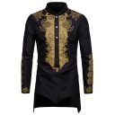 Fashion African Style Retro Printed Stand-Collar Long Sleeve Asymmetrical Hem Fitted Shirt for Men