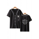 ANGELS PROTECT ME Printed V-Neck Short Sleeve Button-Down Baseball Shirt