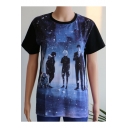 Fashion Comic Character Galaxy Printed Silk Relaxed Fit Blue T-Shirt