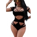 New Stylish Simple Plain Cutout Sexy Slim Fit Black One-Piece Swimwear