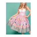 Retro Color Block Striped Pattern Plunge Neck Sleeveless Midi Flared Dress