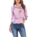 Fashion Feather Crane Printed Pink Notched Lapel Collar Long Sleeve Casual Button Shirt