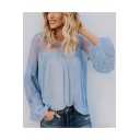 Women's Sexy Sheer Round Neck Lantern Sleeve Lace-Trimmed Plain Casual Blouse