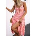 Womens Summer Stylish Floral Printed Sexy Hollow Out Front Button-Down Midi A-Line Slip Dress