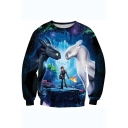 Cool 3D Figure Printed Long Sleeve Round Neck Blue Sweatshirt