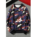 Mens New Stylish Camo Printed Round Neck Long Sleeve Loose Fit Pullover Sweatshirt